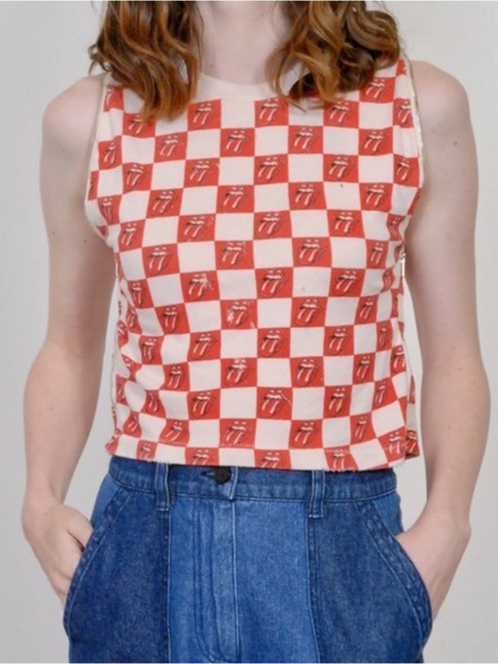 Madeworn rolling stone Checkered Sleeveless zippered sides Graphic Tank Top